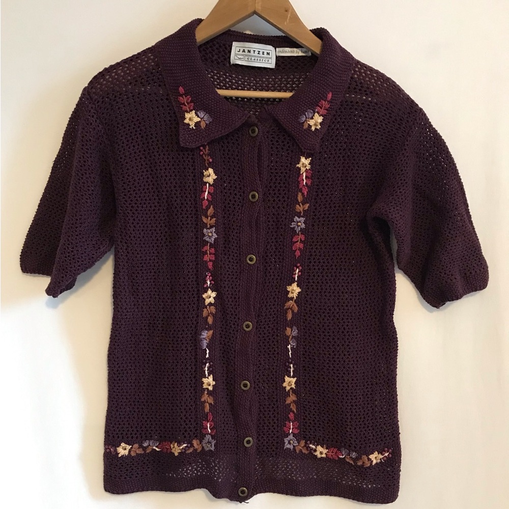 VTG Hand Embroidered Knit Cardigan Purple Short Sleeve Collared Floral Beaded
